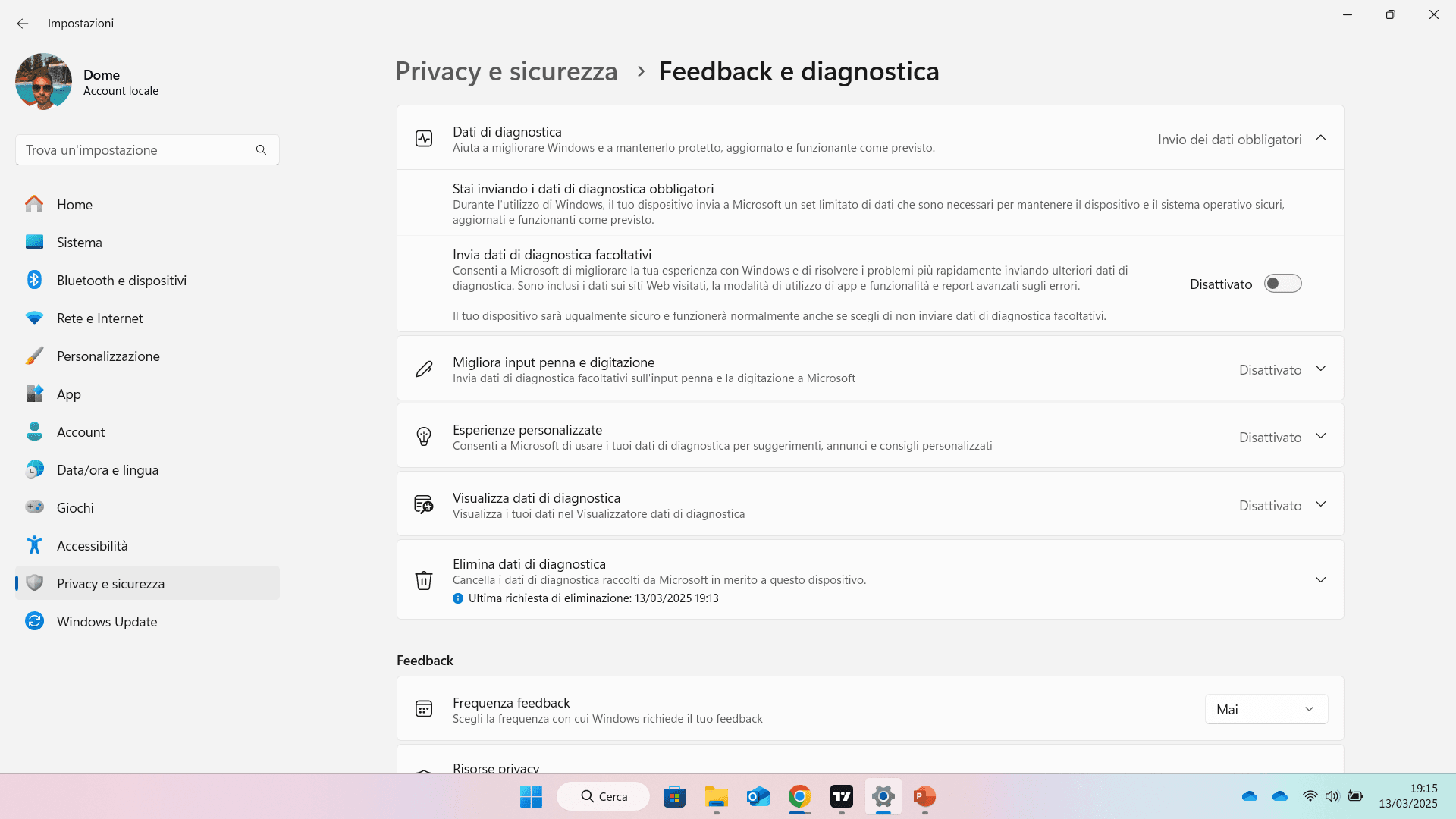 Disattivare invio Dati Diagnostici